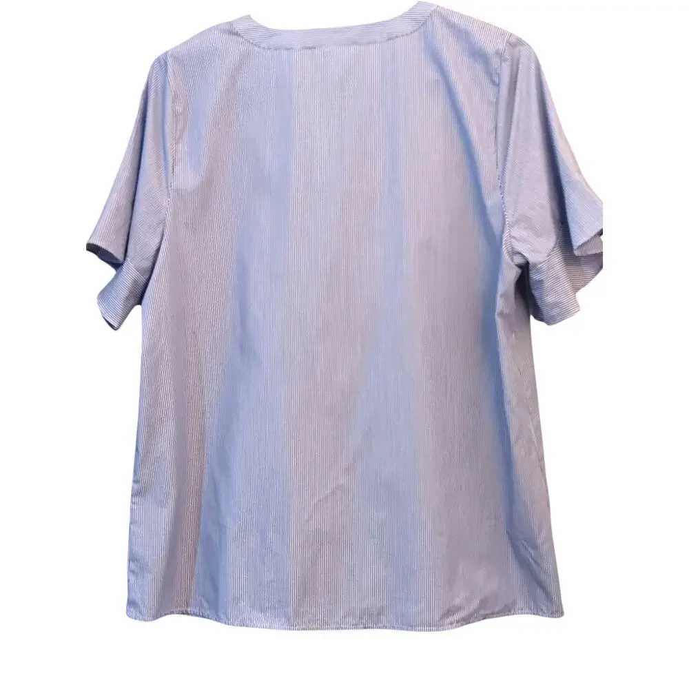 NEW LIZ CLAIBORNE Cotton Blouse Top LG V-Neck Short Flutter Sleeves Blue Crochet